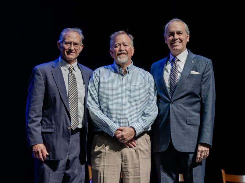 Yevak Stout Lasley HRA Director of Alumni Relations Tommy Yevak '83, Alumni Service of the Year Award winner John Stout '82, and Head of School Jay Lasley