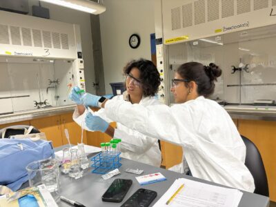 HRA junior Indira Hartke '27 works in the lab while participating in the Duke University Pre-College Program in Chemical Toxicology
