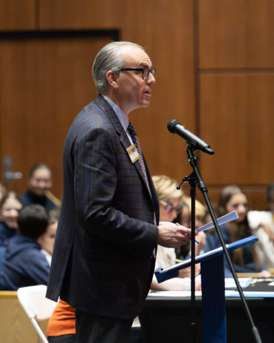 HRA Head of School Jay Lasley at the 2026 Middle School Spelling Bee