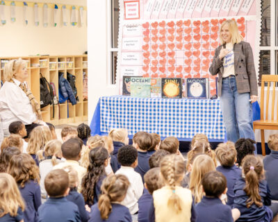 Author Stacy McAnulty presenting to HRA Lower School students