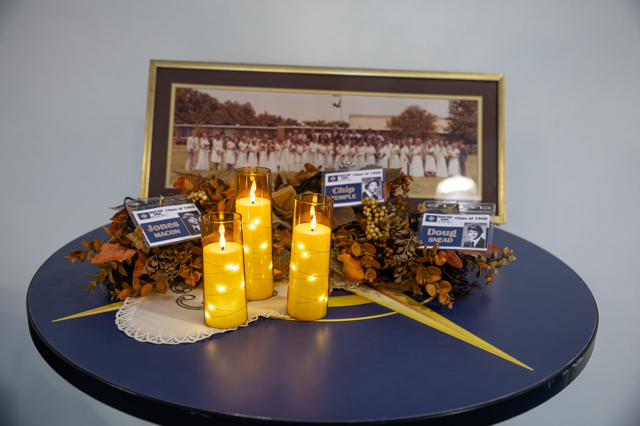 Memorial to departed 1980 HRA graduates Jones Macon, Chip Temple, and Doug Snead at the 2025 on-campus reunion party