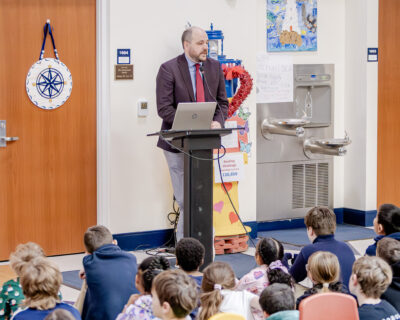 David Schmidt '05 addressing Lower Schoolers