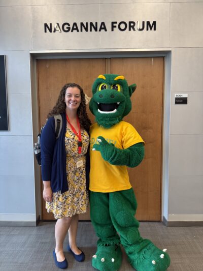 HRA Director of College Counseling Elizabeth Cavallari with the Green Terror at McDaniel College during the Maryland Crab Crawl Counselor Tour