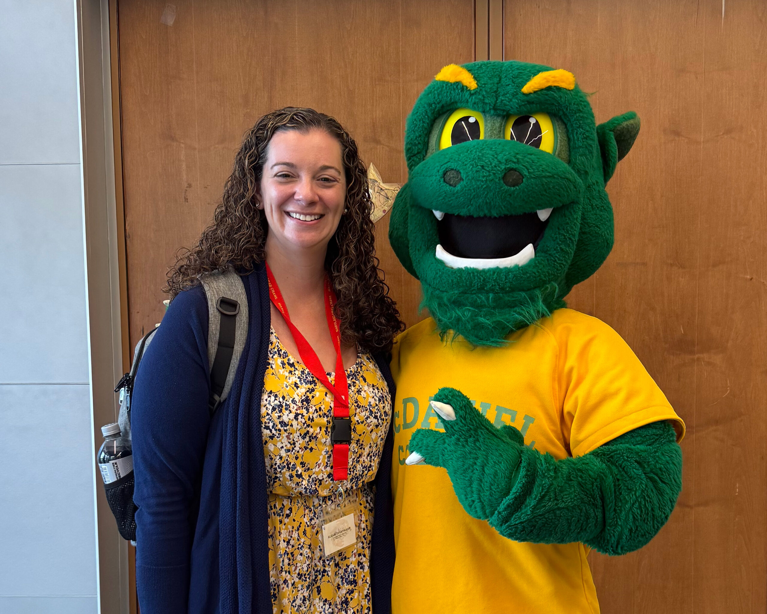 HRA Director of College Counseling Elizabeth Cavallari with the Green Terror at McDaniel College during the Maryland Crab Crawl Counselor Tour