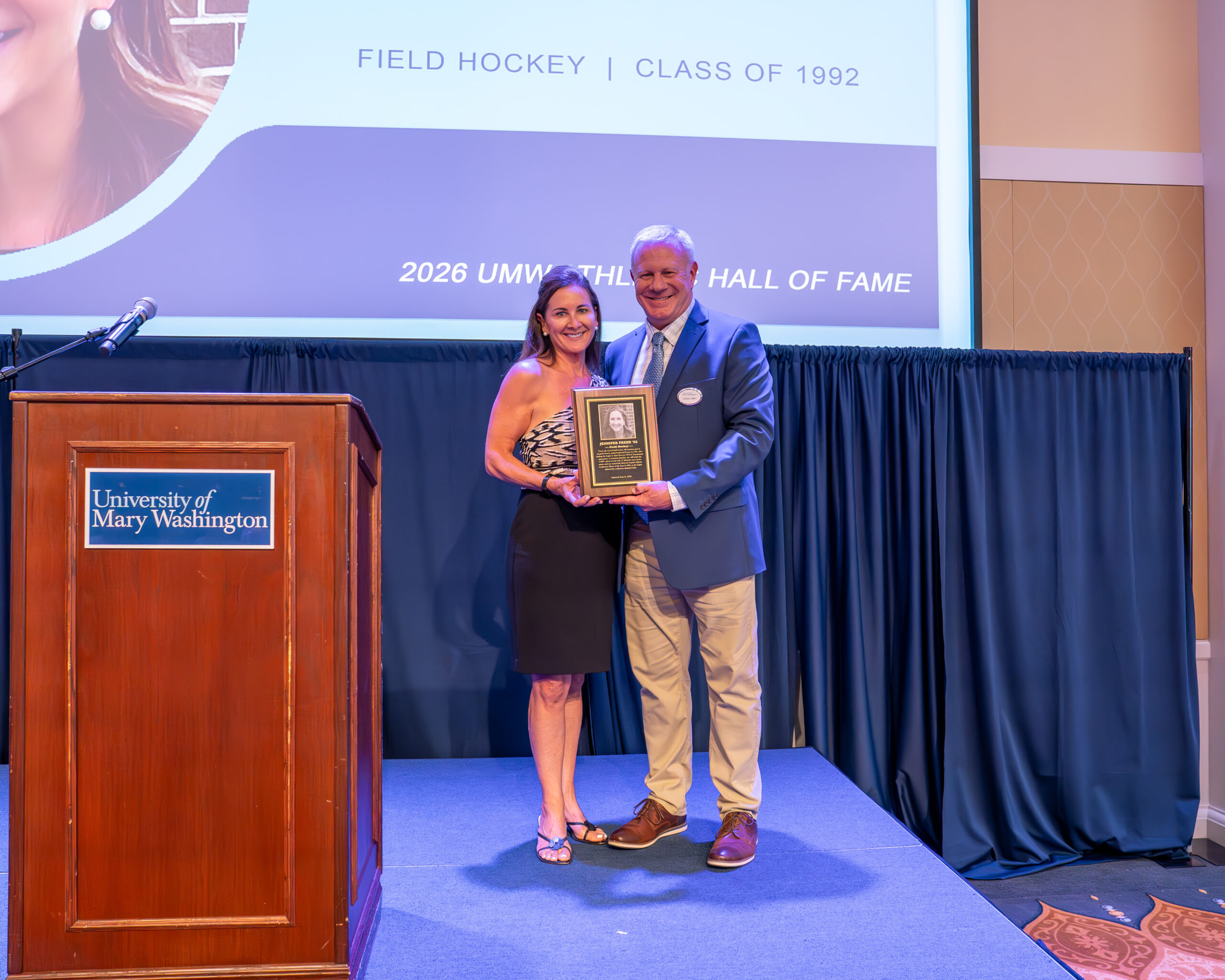 HRA alumna and Navigator parent Jennifer Freed Hall at the 2026 University of Mary Washington Athletic Hall of Fame induction ceremony