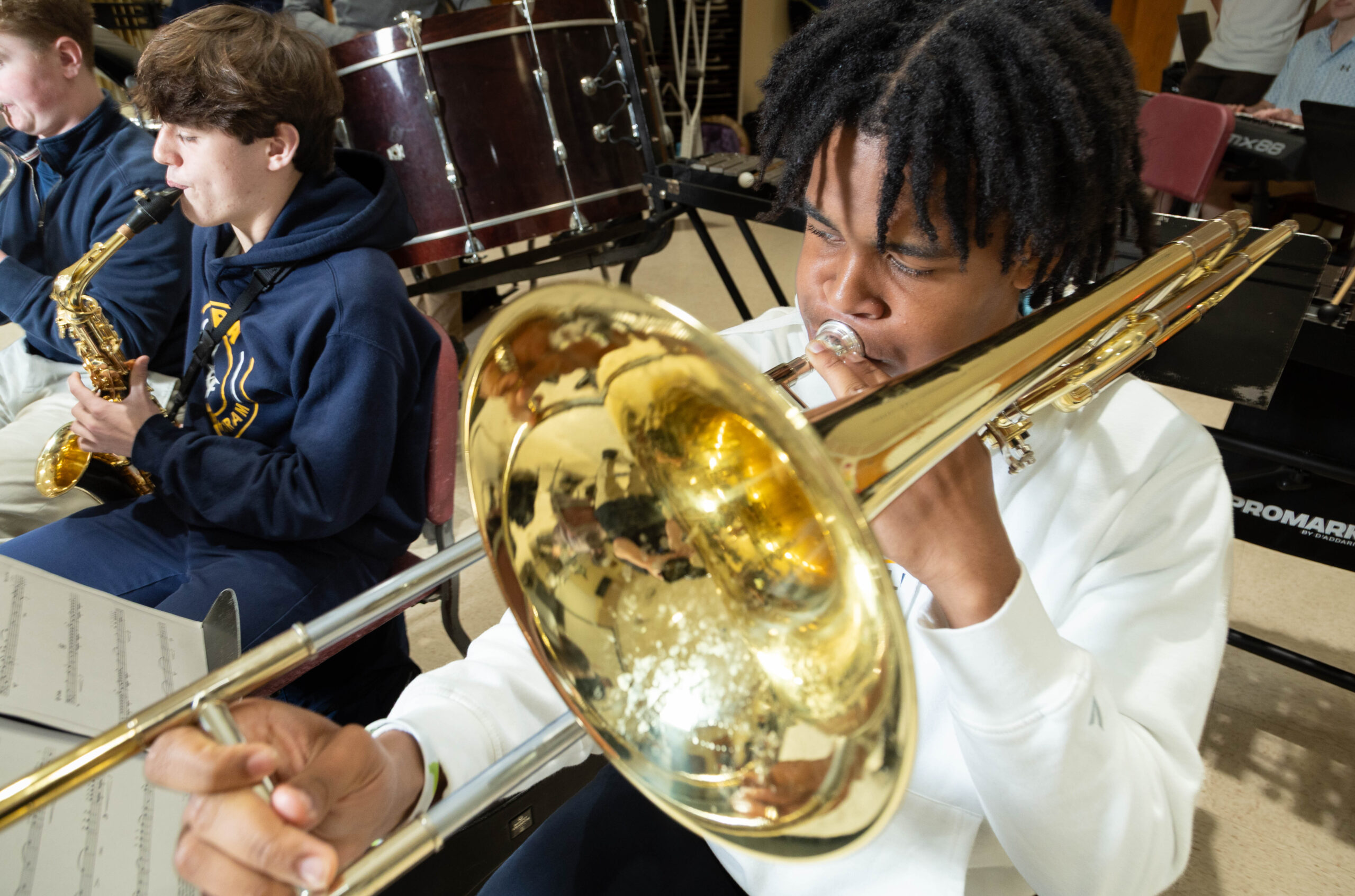 APRIL 21, 2026 — NEWPORT NEWS, VIRGINIA — Hampton Roads Academy stock photos. Photography ©2026 Jay Gorodetzer, www.JayGorodetzer.com HRA student playing the trombone