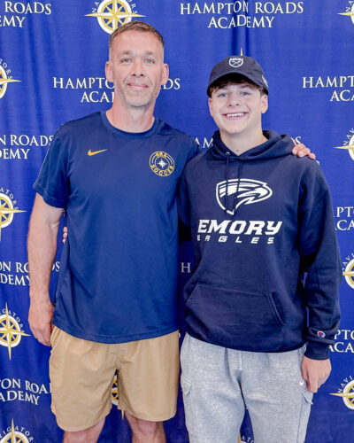 Two-time TCIS Coach of the Year and HRA Assistant Director of Athletics Chris Mills with varsity boys soccer player and HRA alumnus Zachary Busch '26