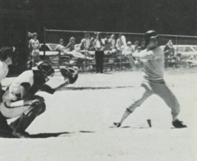HRA alumnus and baseball player Davis Wildman '77 at bat in spring 1977