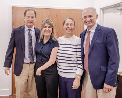 HRA alumna Emily Goodson '03 with Assistant Head of School and Director of Upper School Ben Rous, Upper School counselor and AP Psychology teacher Elizabeth Rous, and Director of Alumni Relations Tommy Yevak '83