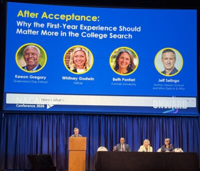 Jeff Selingo introducing a panel at the October 2026 National Association for College Admission Counseling conference, attended by HRA Director of College Counseling Elizabeth Cavallari