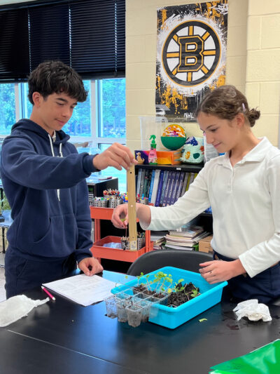 HRA Middle School life science students measuring plant growth in the lab